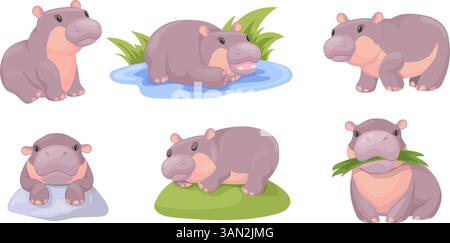 Cartoon baby hippo. Cute pygmy hippopotamus in different poses, standing walking hippos africa savanna zoo kids animals childish hippopotamuses face, set neat vector illustration original artwork Stock Vector