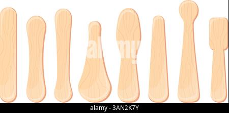 Wooden popsticks. Popsicle sticks, ice cream stick wood spatula lollipop tongue depressor, coffee spoon icecream eskimo bar summer frozen dessert cartoon neat vector illustration original artwork Stock Vector