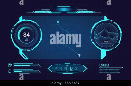 Car dashboard screen. Future vehicle hud digital display, game futuristic interface virtual cockpit control panel speedometer hologram frame with map navigation vector illustration original artwork Stock Vector
