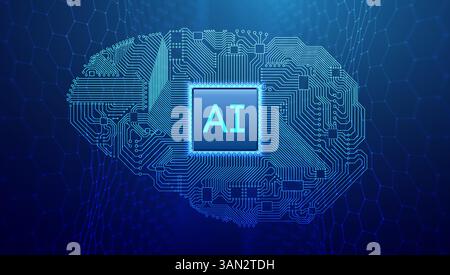 Futuristic Medical AI Brain Chip Digital Tech bg. 3D Abstract Circuit Network featuring Semiconductor, Neural Processor and Cloud Data. Vector Smart Stock Vector