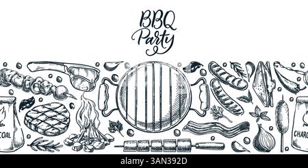 BBQ party menu for picnic. Seamless horizontal backdrop. Vector hand-drawn illustration of grilled food and snacks. Banner, poster, and label design e Stock Vector