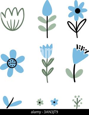 Blue Floral Clipart Set for Baby Design Projects Stock Vector