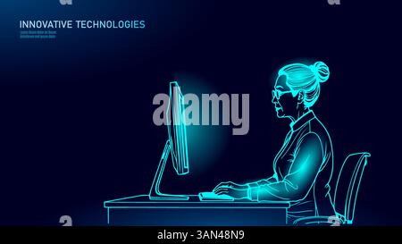 Eldery woman works at computer. Adult person with glasses and blouse. Poster business education coding testing gaming. Side view white background Stock Vector