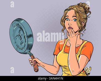 Funny quarrel between spouses. Woman with a frying pan with a face imprint. Self-defense in a funny situation. Stock Vector
