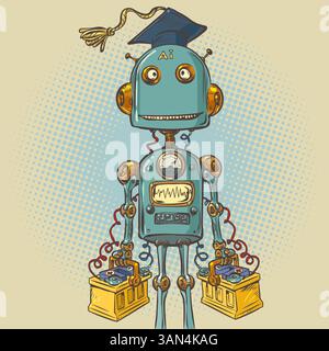 Vintage robot learning. AI with a student hat. Education collides with artificial intelligence. Stock Vector