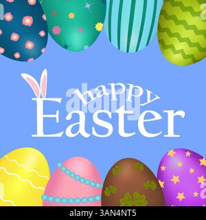 Vibrant greeting card with 3D elements - ornate Easter eggs with patterns on a blue background. Text - Happy Easter. Perfect for holiday banner and gr Stock Vector