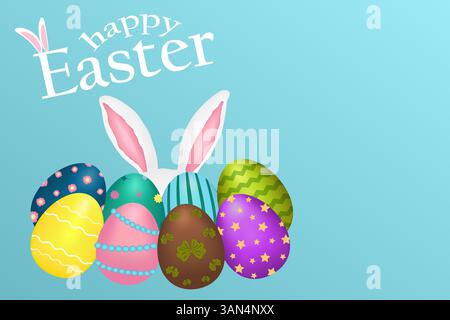 Greeting card with copyspace, 3D elements - ornate Easter eggs and Easter bunny ears on a blue background. Text - Happy Easter. Perfect for holiday ba Stock Vector
