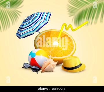 Summer vibe. Half of orange with beach umbrella and straw near different beach items on color background, creative collage Stock Photo