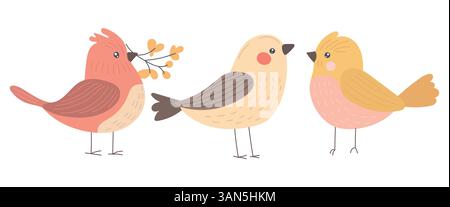 Three pastel birds with warm tones and cute round shapes perched on branches, ideal for spring illustrations, children prints, and forest-themed decor Stock Vector