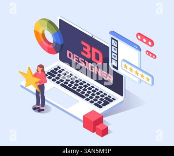 3D designer concept on laptop screen. Vector illustration Stock Vector