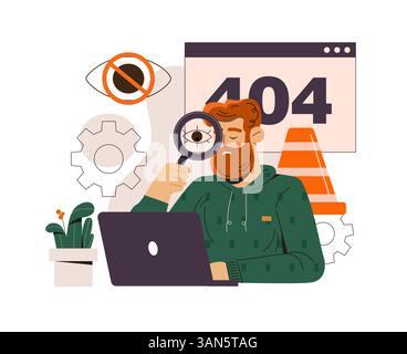 Man analyzing 404 error on laptop screen. Vector illustration Stock Vector