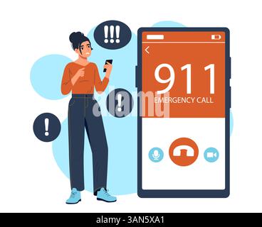 Woman calling 911 in emergency scene. Vector illustration Stock Vector