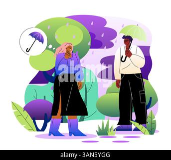 Two people talking in the rain outdoors. Vector illustration Stock Vector