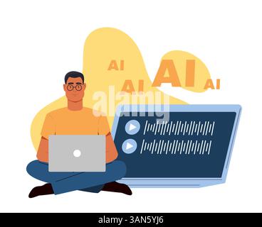 AI developer working on laptop illustration. Vector illustration Stock Vector