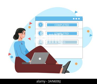 Woman using laptop with checklist screen. Vector illustration Stock Vector