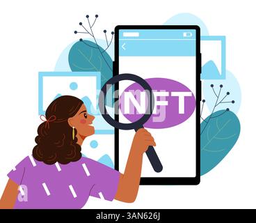 Woman examining NFT on smartphone screen. Vector illustration Stock Vector