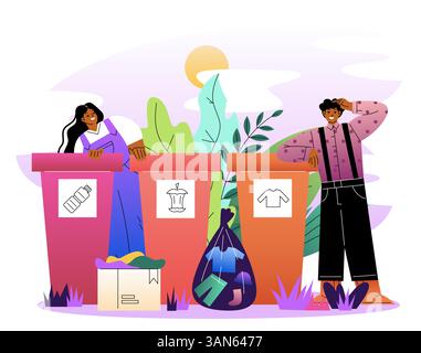 Waste sorting by two people outdoors. Vector illustration Stock Vector
