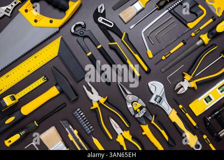 Various hand tools for build and repairing on working table. Stock Photo
