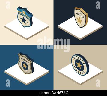 Isometric police badge icons set. Vector illustration Stock Vector