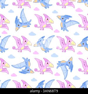 Seamless flying dinosaur pattern with pink and blue pterodactyls and clouds on white background Stock Vector