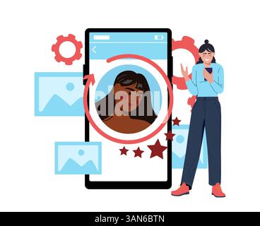 Woman using social media profile app.. Vector illustration Stock Vector