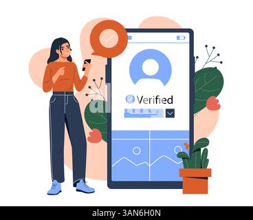 Woman verifying profile on smartphone screen. Vector illustration Stock Vector