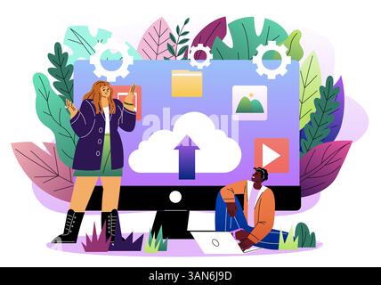 Cloud storage data upload concept scene. Vector illustration Stock Vector