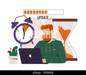 Man waiting during computer update. Vector illustration Stock Vector