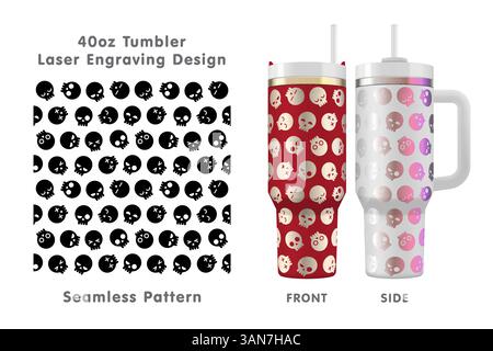 Funny skulls tileable pattern. Seamless laser engraving design for 40oz tumbler. Full tumbler wrap. Vector illustration. Stock Vector