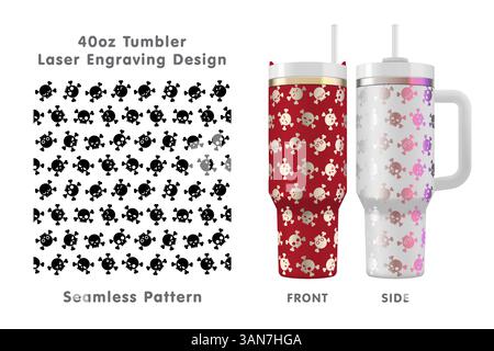Funny skulls tileable pattern. Seamless laser engraving design for 40oz tumbler. Full tumbler wrap. Vector illustration. Stock Vector