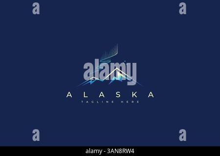 Alaska Abstract Mountain Illustration with Beauty Light Aurora at Night and Star Logo Concept Stock Vector