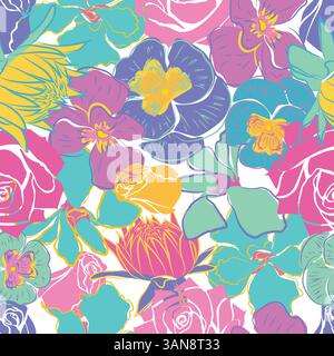 Dahlia, Iris, Rose, pansy flowers vector pattern, stylized seamless abstract flowers. Vector hand drawn. Elegant colorful pastels on white background Stock Vector