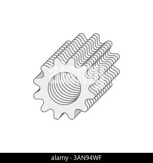 Isometric gear shape. Wavy mechanical element. Industrial outline vector. Tech component symbol. Stock Vector