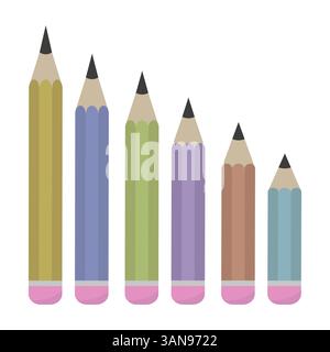 Decreasing pencil size. Gradient color group. Vector stationery row. Measured height order. Stock Vector