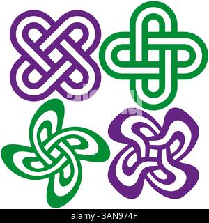 Celtic knot icon. Vector interwoven design. Green purple colors. White flat background. Stock Vector