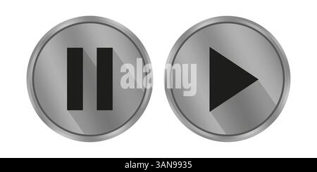Pause play buttons. Vector silver shapes. Glossy media icons. Dark UI symbols. Stock Vector