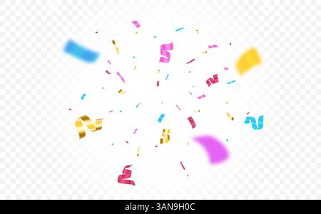 Confetti explosion with color pieces and dynamic movement effect. Bright flying serpentine. Carnival or birthday decoration. Falling color paper templ Stock Vector