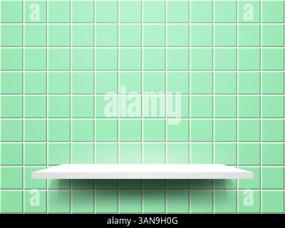 Bathroom shelf. Tiled room with white podium. Kitchen or bathroom green ceramic mosaic. Square tiles with minimal stage for displaying product. Vector Stock Vector