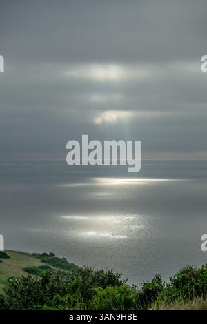 Rays of Sun Break Through Clouds to the Pacific off the Shore of Santa Cruz Island Stock Photo