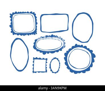 Set of hand drawn abstract doodle vector frames in blue color with rough edges and uneven lines, sketchy border shapes Stock Vector