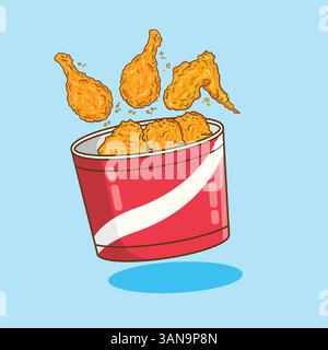 Fried chicken in paper bucket  red cartoon vector illustrator Stock Vector