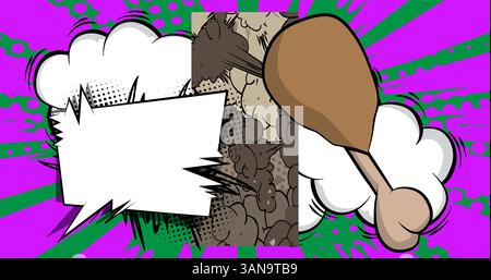 Cartoon chicken drumstick and thigh with blank speech bubble, comic book Food background. Retro vector comics pop art design. Stock Vector