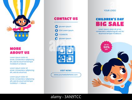 Social Media Brochure Template for Celebrating International Children's Day in Flat Cartoon Style Stock Vector