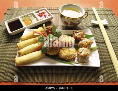 Delicious dim sims, sesame shrimp toasts and spring rolls ready to serve Stock Photo