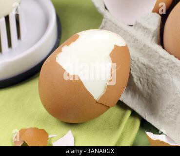 Cracked brown egg with egg carton and slicer Stock Photo