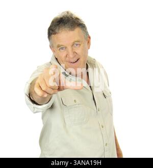 Casual middle aged man standing and pointing Stock Photo