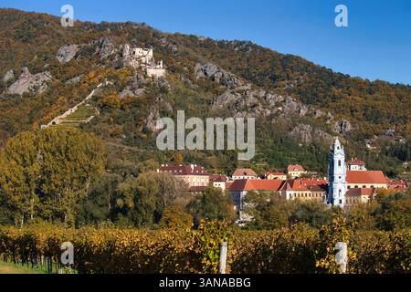 Wachau Valley, Austria - October 24, 2021: Weissenkirchen and Durnstein Castle in the Wachau Valley in Lower Austria on a sunny autumn day. Stock Photo