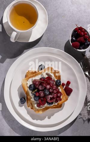 Toast with fresh blueberries, raspberries and red currants and ricotta cheese Stock Photo