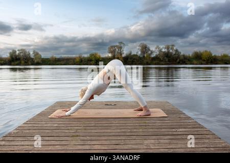 A mature woman practicing yoga, performing exercises on four limbs, push-ups from the floor, dog pose with its muzzle down, Adho Mukha Svanasana, trai Stock Photo