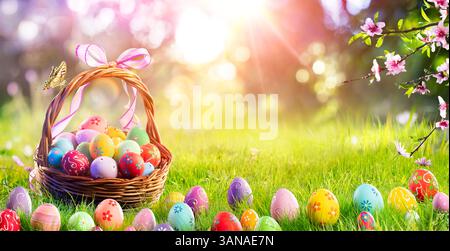 Easter Eggs In basket On Grass With Butterflies And Abstract Bokeh Lights Stock Photo